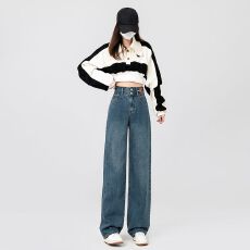 批发小红书推荐春秋直筒阔腿裤女高腰垂坠面料春季显高显瘦拖地<b class='q'>牛仔裤</b>