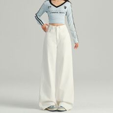 批发日系春日干净风白色直筒裤美式高腰垂感宽松休闲百搭拖地牛仔裤女