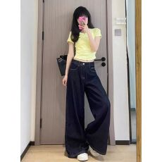 批发韩系 2026<b class='q'>秋</b>季深蓝色阔腿牛仔裤女美式复古高腰显瘦直筒拖地长裤
