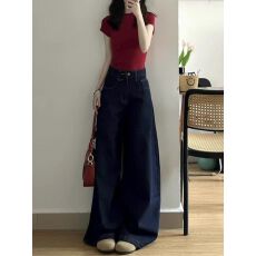 批发直播春<b class='q'>秋</b>美式深蓝色大阔腿牛仔裤女高腰宽松显瘦垂感拖地直筒长裤