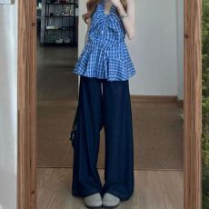 批发跨境 2026夏季丹宁蓝阔腿牛仔裤女高腰百搭显瘦宽松垂感拖地长裤