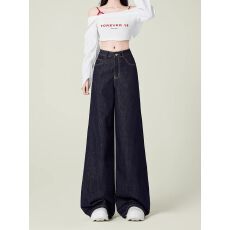 批发跨境 2026春<b class='q'>秋</b>丹宁色高腰阔腿牛仔裤女宽松百搭显瘦垂感拖地长款