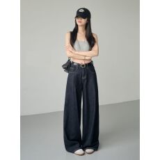 批发网红同款2026春上新原色牛仔裤美式深蓝高腰阔腿直筒显瘦拖地女裤