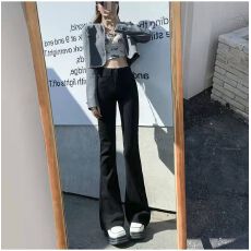 韩国东大门女装26春款高腰黑色赛络纺面料修身显瘦弹力微喇牛仔裤