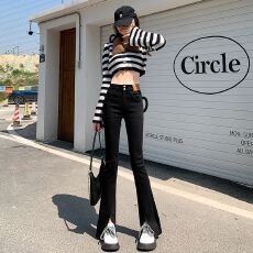 批发日本单高腰开叉微喇神裤2026秋冬新款<b class='q'>弹力</b>皮牌修身显瘦黑色<b class='q'>牛仔裤</b>