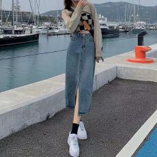 批发韩系 2026春<b class='q'>秋</b>高腰开叉牛仔半身 中长款遮胯 A 字小个子包臀裙女