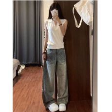 韩国单 复古弯刀拖地牛仔裤女春夏烫钻刺绣低腰宽松直筒阔腿长裤