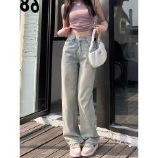 批发<b class='q'>韩国</b>单秋冬高腰显瘦拖地裤女浅色黄泥窄版阔腿垂感宽松直筒<b class='q'>牛仔裤</b>