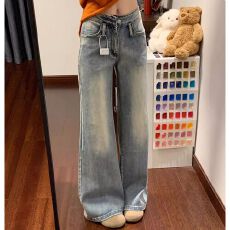 跨境美式复古垂感喇叭裤女秋冬低腰微喇不贴腿宽松显瘦拖地牛仔裤