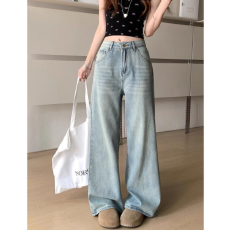 批发<b class='q'>韩国</b>东大门女装 水洗直筒长裤女夏季复古浅蓝高腰显高显瘦拖地裤