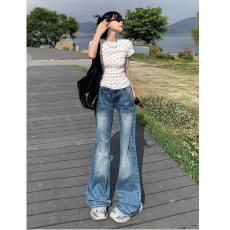 批发日系 复古肌理感闪电纹牛仔裤 秋冬女生宽松垂感气质直筒阔腿女裤