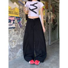批发韩系 高腰黑色直筒牛仔裤春秋慵懒松弛感廓形弯刀显瘦拖地女裤