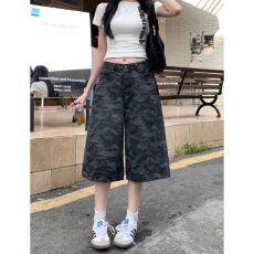 批发<b class='q'>韩国</b>单 夏日复古阔腿中裤迷彩肌理感透气舒适百搭牛仔七分裤
