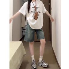 批发直播 百搭高腰五分中裤宽松直筒复古质感夏季牛仔短裤