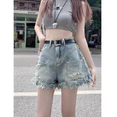 批发跨境 潮流流苏毛边热裤美式复古高腰版型小众设计短裤