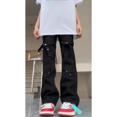 批发网红同款 美式潮酷微喇工装裤绑带装饰高腰显瘦百搭牛仔长裤