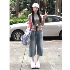 批发跨境 美式休闲七分<b class='q'>短裤</b>浅蓝直筒宽松百搭日常阔腿中裤
