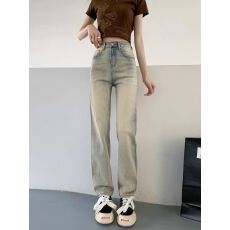 批发网红同款26春秋<b class='q'>欧美风</b>黄泥牛仔裤弹力做旧直筒高腰小个子拖地女裤