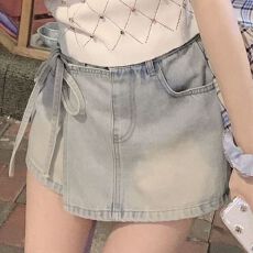 批发南油高品质 复古水洗蓝假两件牛仔短裙26夏季高腰遮胯牛仔裙裤女
