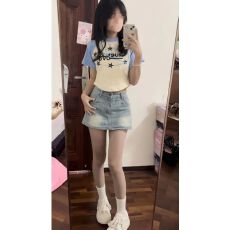 批发跨境 女装夏季浅色高腰牛仔短裙复古做旧包臀版型内置裙裤防走光