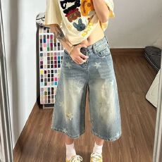 批发韩国单 做旧水洗星星印花<b class='q'>牛仔</b>七分裤女国潮设计显瘦百搭阔腿<b class='q'>短裤</b>