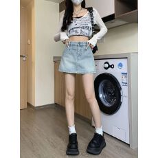 批发直播辣妹风拼接牛仔半身裙女新款高腰遮肉显瘦小众设计防走光短裙
