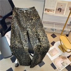批发得物高品质 复古豹纹迷彩工装牛仔裤女小众潮牌设计直筒阔腿长裤