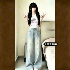 批发韩系 温柔风碎花水洗牛仔裤女<b class='q'>春</b>夏高腰遮胯高个子垂感直筒拖地裤