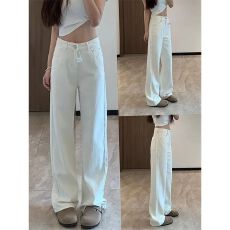 批发跨境轻奢质感纯白牛仔长裤女夏季高腰直筒版型垂感显瘦高端阔腿裤