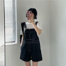 批发日本单 设计感减龄背带牛仔短裤加<b class='q'>大码</b>高腰藏肉夏季外穿阔腿女裤