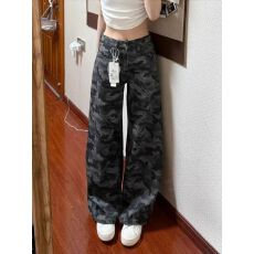 抖音爆款2026夏美式迷彩阔腿长裤韩系简约风高腰显瘦水洗牛仔女裤