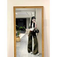 批发得物高品质【官图】美式复古豹纹阔腿拖地裤夏季显瘦直筒牛仔<b class='q'>女裤</b>