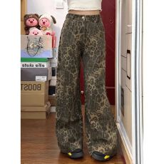 批发南油高品质 美式复古豹纹高腰直筒牛仔裤女<b class='q'>大码</b>胖MM遮肉休闲长裤