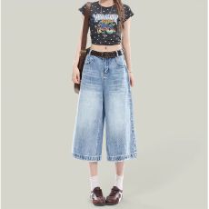 批发得物高品质 美式阔腿牛仔五分裤<b class='q'>女</b>浅蓝高腰梨形显瘦七分直筒<b class='q'>女</b>裤