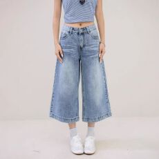批发南油高品质2026夏季高腰阔腿牛仔中裤<b class='q'>女</b>美式复古蓝色直筒七分短裤