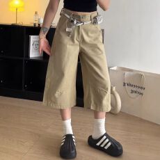 批发日系2026夏季大码胖 mm <b class='q'>女</b>裤卡其色牛仔七分中裤高腰显瘦阔腿裤子