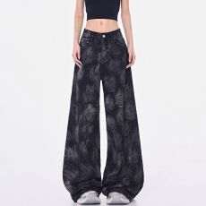 批发跨境春秋时尚洋气拖地<b class='q'>牛仔裤</b><b class='q'>女</b>美式高街水洗印花高腰显瘦阔腿<b class='q'>女</b>裤
