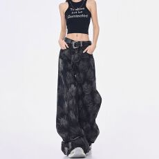 批发韩国单 秋季显瘦阔腿拖地<b class='q'>牛仔裤</b><b class='q'>女</b>美式高街水洗印花高腰ins风<b class='q'>女</b>裤