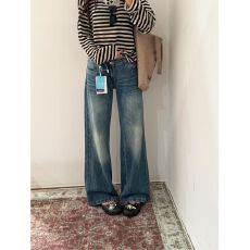 批发得物高品质春秋新款美式复古水洗牛仔裤猫须直筒微喇阔腿拖地<b class='q'>女裤</b>