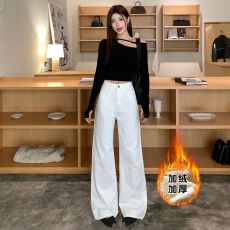 批发小红书推荐2026秋冬<b class='q'>女</b>款白色拖地牛仔裤阔腿加绒高腰显瘦休闲<b class='q'>长裤</b>
