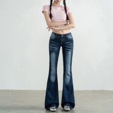 批发抖音爆款美式蓝灰色低腰<b class='q'>微喇</b><b class='q'>牛仔裤</b>女春秋新款弹力修身马蹄喇叭裤