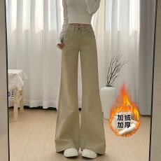 韩国东大门女装秋冬新款美式卡其色加绒牛仔裤女低腰微喇拖地长裤