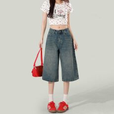 批发网红同款2026夏季美式复古小个子<b class='q'>七分</b>阔腿牛仔裤女休闲百搭中长裤