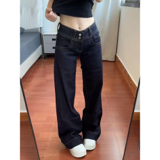 批发南油高品质夏季丹宁微喇<b class='q'>牛仔裤</b>女美式复古低腰辣妹款<b class='q'>修身</b>拖地长裤