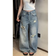 批发日本单cleanfit美式复古竹节纹<b class='q'>牛仔裤</b>女夏季破洞弯刀直筒阔腿长裤