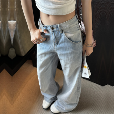 批发韩国单 可调节腰头浅蓝色阔腿<b class='q'>牛仔裤</b>女春夏新款低腰复古拖地裤子