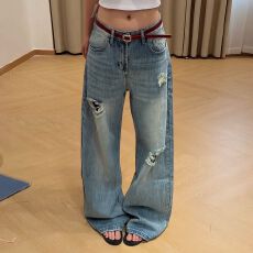 批发韩国东大门女装磨白破洞<b class='q'>牛仔裤</b>美式复古26夏薄款高腰直筒拖地长裤