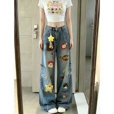 批发日系 卡通刺绣宽松阔腿长裤女2026夏季新款百搭遮肉<b class='q'>牛仔裤</b>子