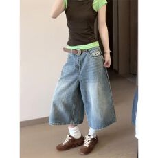 批发抖音爆款高腰显瘦直筒七分牛仔<b class='q'>裤</b>女2026夏季新款美式复古水洗中<b class='q'>裤</b>