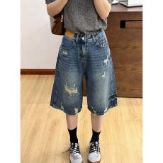 批发韩国单美式复古辣妹风五分牛仔<b class='q'>裤</b>女夏季新款水洗破洞街头显瘦中<b class='q'>裤</b>